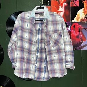 Vintage 80s plaid button up, very nice worn in feel, distressing on elbow